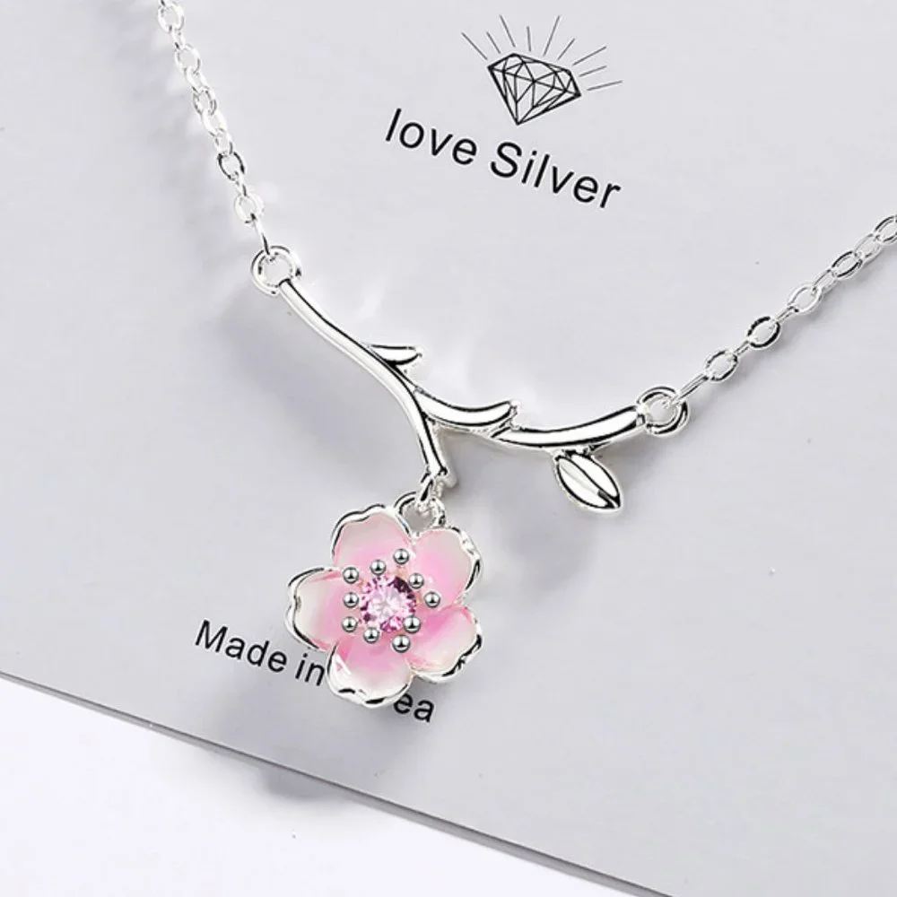 #NEW 925 Sterling Silver Pink White Diamond Cherry Blossom Leaf Branch Necklace